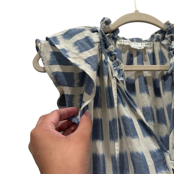 Veronica Beard Zee Ikat Grid Ruffle Tiered Flutter Sleeve Wht Blu Mini Dress Sz4 - Picture 10 of 15
